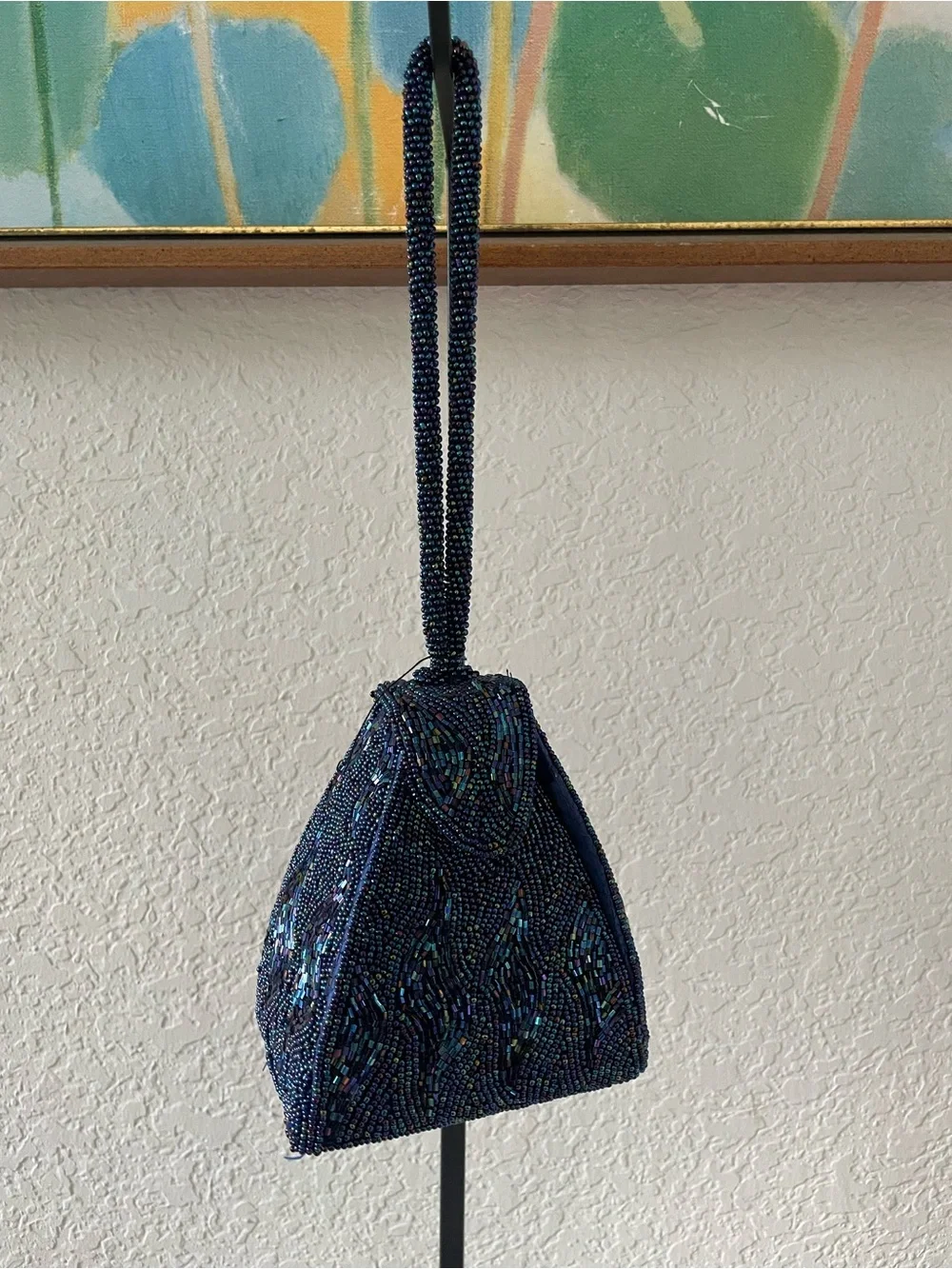 Vintage Hand Beaded Navy Peacock Iridescent Evening Bag Wristlet La Regale Style